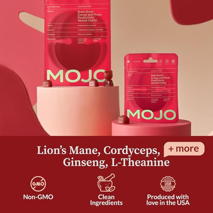Mojo Focus Gummies w/Lion’s Mane, Panax Ginseng, Ginger Root, Cordyceps, Brain Supplement Memory/Focus Support Adults Nootropic Mushroom Gummies, Pomegranate Hibiscus, Regular Strength (2 Pack) - Image 2