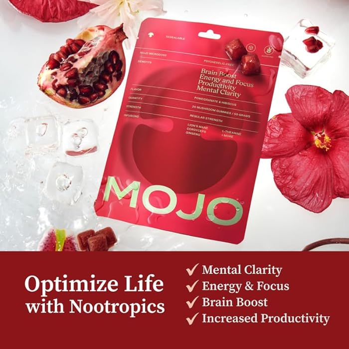 Mojo Focus Gummies w/Lion’s Mane, Panax Ginseng, Ginger Root, Cordyceps, Brain Supplement Memory/Focus Support Adults Nootropic Mushroom Gummies, Pomegranate Hibiscus, Regular Strength (2 Pack) - Image 4