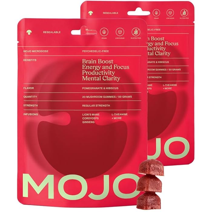 Mojo Focus Gummies w/Lion’s Mane, Panax Ginseng, Ginger Root, Cordyceps, Brain Supplement Memory/Focus Support Adults Nootropic Mushroom Gummies, Pomegranate Hibiscus, Regular Strength (2 Pack) - Image 1