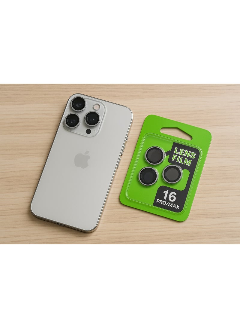 واقي عدسات كاميرا آيفون 16 برو/ماكس – إطار معدني – ضد الخدش – رؤية عالية الوضوح – طقم 3 قطع - Image 1