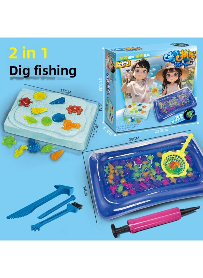 Archaeological Digging Toy Dinosaur Fossil Treasure Hunt Mermaid Children Gem DIY Handmade Archaeological Gem-Color:Deluxe Luminous Ocean Treasure Hunt (Mining + Fishing 2 In 1)  - Image 1