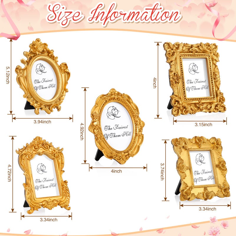 Maitys 5 Pcs Mini Picture Vintage Frames Tiny Antique Photo Baroque Ornate Resin Oval Frame Table Top Display Home Wedding Decor (Gold) - Image 3