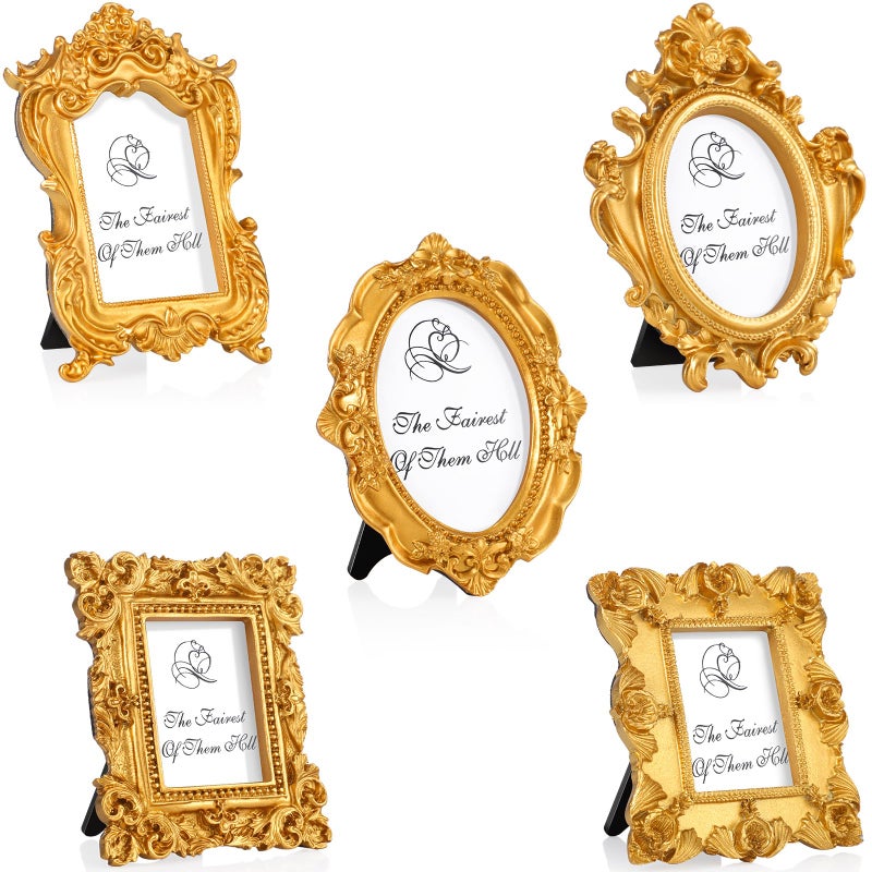 Maitys 5 Pcs Mini Picture Vintage Frames Tiny Antique Photo Baroque Ornate Resin Oval Frame Table Top Display Home Wedding Decor (Gold) - Image 1