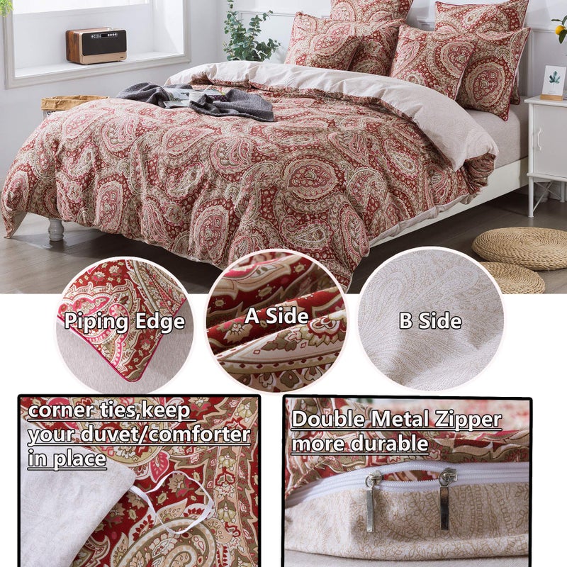 FADFAY Paisley Duvet Cover Set 100% Cotton Ultra Soft Red and Beige Reversible Paisley Bedding Set with Hidden Zipper Closure 3 Pieces, 1Duvet Cover & 2Pillowcases, King/California King Size - Image 2