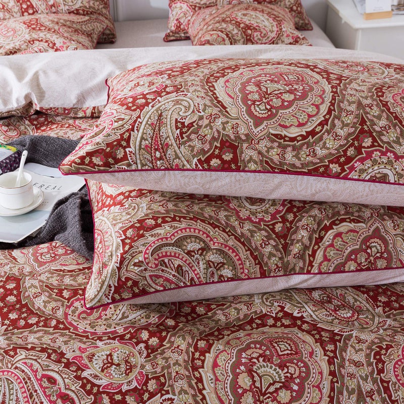 FADFAY Paisley Duvet Cover Set 100% Cotton Ultra Soft Red and Beige Reversible Paisley Bedding Set with Hidden Zipper Closure 3 Pieces, 1Duvet Cover & 2Pillowcases, King/California King Size - Image 4