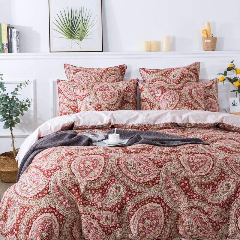 FADFAY Paisley Duvet Cover Set 100% Cotton Ultra Soft Red and Beige Reversible Paisley Bedding Set with Hidden Zipper Closure 3 Pieces, 1Duvet Cover & 2Pillowcases, King/California King Size - Image 1