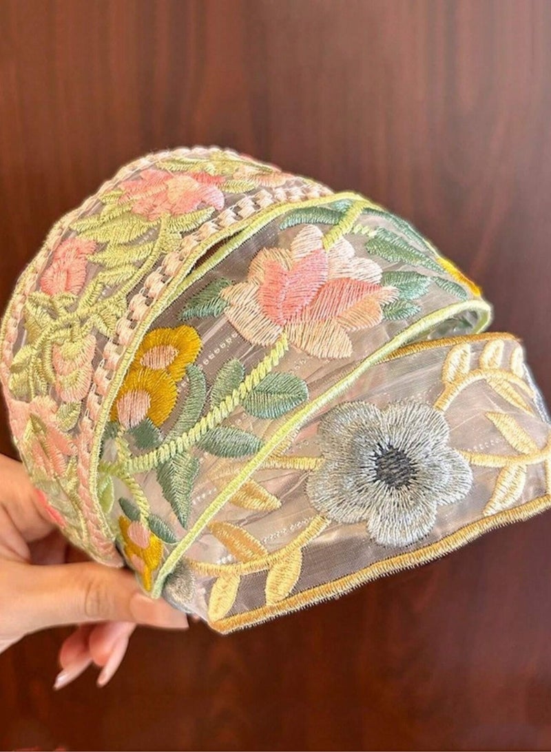 خاجول عصابة رأس مزينة بالزهور مكونة من 3 قطع، عصابة رأس للحديقة، عصابة شعر عريضة مطرزة، عصابة رأس مزينة بالزهور القديمة، خفيفة الوزن، عصابة شعر جميلة وإكسسوارات شعر - Image 4