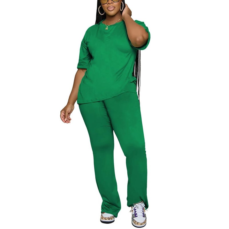 PINSV Womens Sets 2 Piece Outfits Casual Short Sleeve Top and Flare Pants Lounge Sets Tracksuit Green L - Image 4