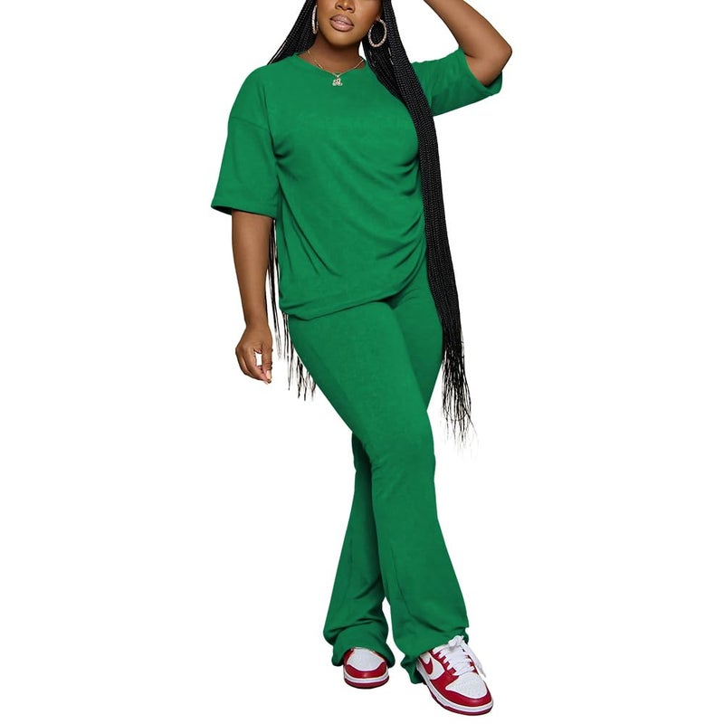 PINSV Womens Sets 2 Piece Outfits Casual Short Sleeve Top and Flare Pants Lounge Sets Tracksuit Green L - Image 1