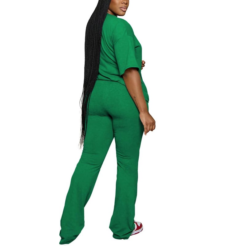 PINSV Womens Sets 2 Piece Outfits Casual Short Sleeve Top and Flare Pants Lounge Sets Tracksuit Green L - Image 2
