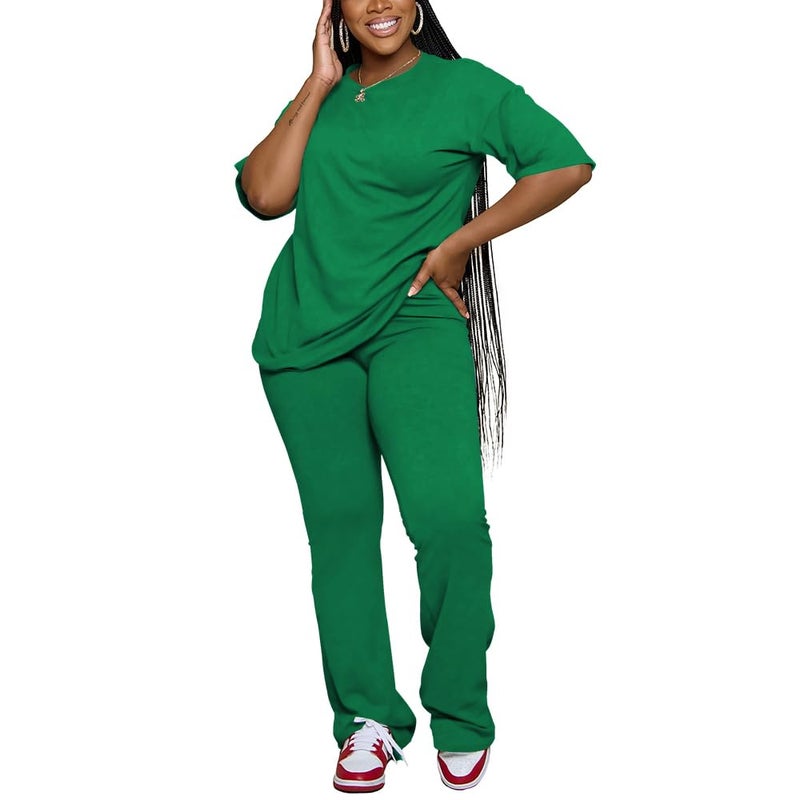 PINSV Womens Sets 2 Piece Outfits Casual Short Sleeve Top and Flare Pants Lounge Sets Tracksuit Green L - Image 3