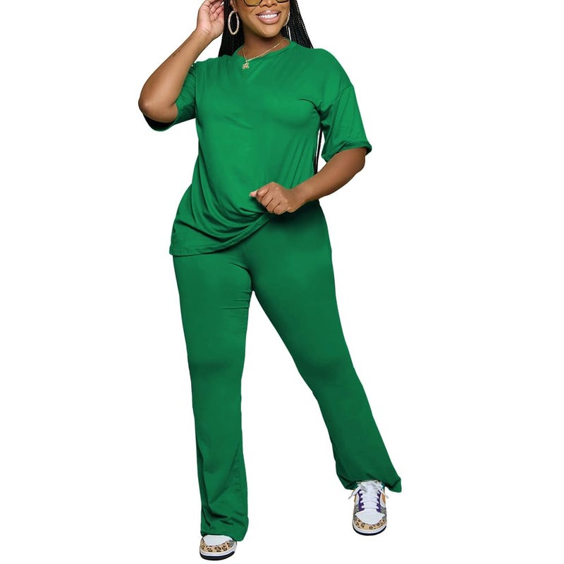PINSV Womens Sets 2 Piece Outfits Casual Short Sleeve Top and Flare Pants Lounge Sets Tracksuit Green L - Image 5