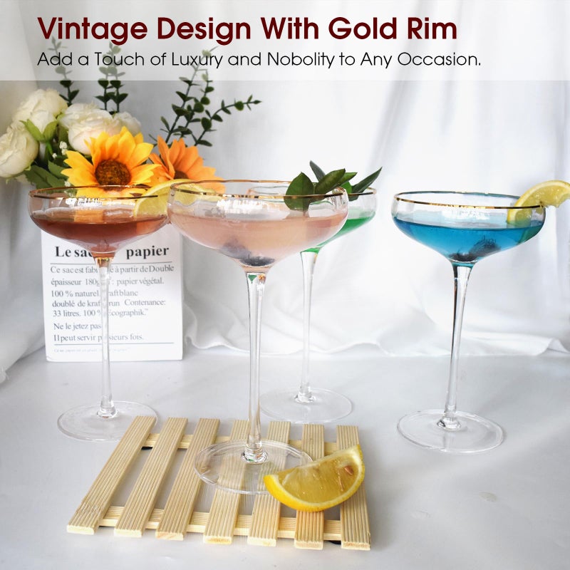 Yaschmo Vintage Coupe Glasses Set of 4, Tall Stemmed Martini Glasses, Gold Rim Cocktail Champagne Glasses, Perfect for Bar, Martinis, Margaritas, Parties, Ideal Gift Choice, 7.7oz Clear - Image 3