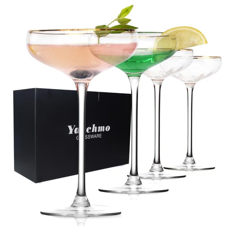 Yaschmo Vintage Coupe Glasses Set of 4, Tall Stemmed Martini Glasses, Gold Rim Cocktail Champagne Glasses, Perfect for Bar, Martinis, Margaritas, Parties, Ideal Gift Choice, 7.7oz Clear - Image 1