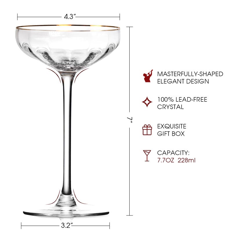 Yaschmo Vintage Coupe Glasses Set of 4, Tall Stemmed Martini Glasses, Gold Rim Cocktail Champagne Glasses, Perfect for Bar, Martinis, Margaritas, Parties, Ideal Gift Choice, 7.7oz Clear - Image 2
