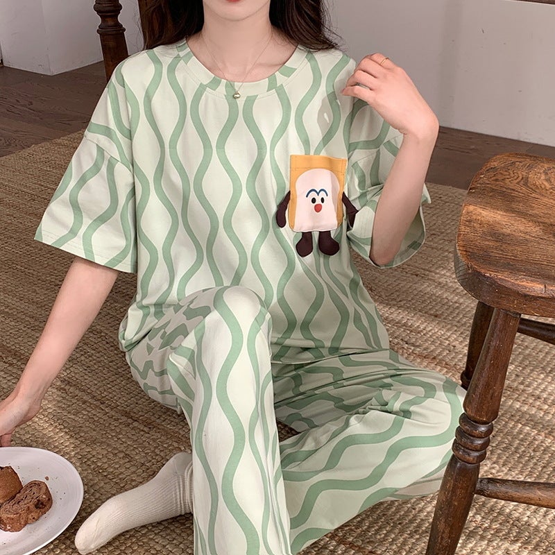 Pajamas womens summer cotton high quality short-sleeved trousers pullover striped cartoon sweet female student casual home wearHMF-33506 HMF-33506