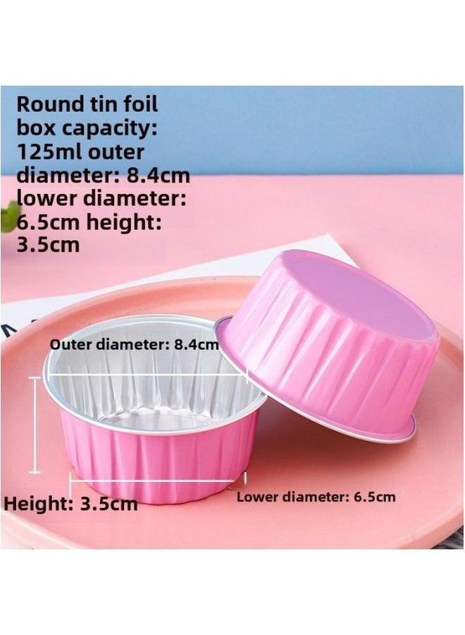 Household Aluminum Foil Tin Paper Box Air Fryer Special Disposable Cake Pudding Baking Mold Small Cup-Specifications:Pink Round 125ml-Color:Without Cover  - Image 1