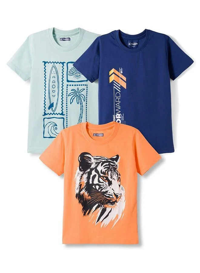 Pine Kids Pine Kids 100% Cotton Nature & Slogan Graphic Printed Short Sleeve T-Shirts (Pack of 3) - Multicolour