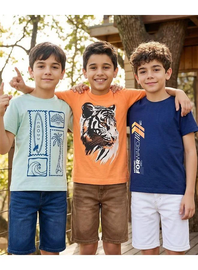Pine Kids Pine Kids 100% Cotton Nature & Slogan Graphic Printed Short Sleeve T-Shirts (Pack of 3) - Multicolour
