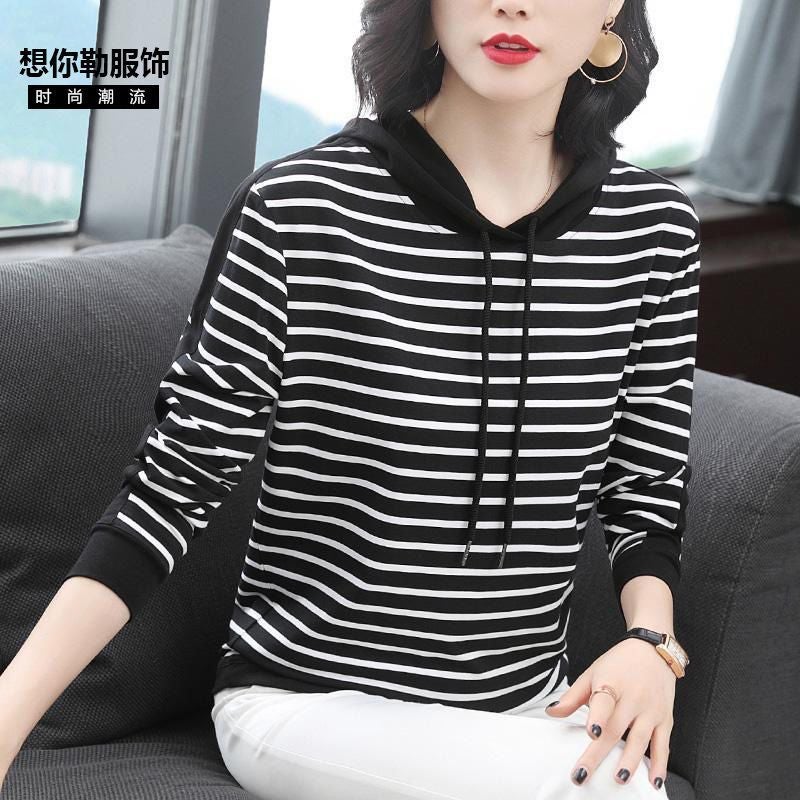 2022 New Autum 95 Cotton T-Shirt Women'S Long-Sleeved Middle-Aged Mother'S Wear Loose Stripesd Hooded Top Trbottomy T-Shirt - Image 1