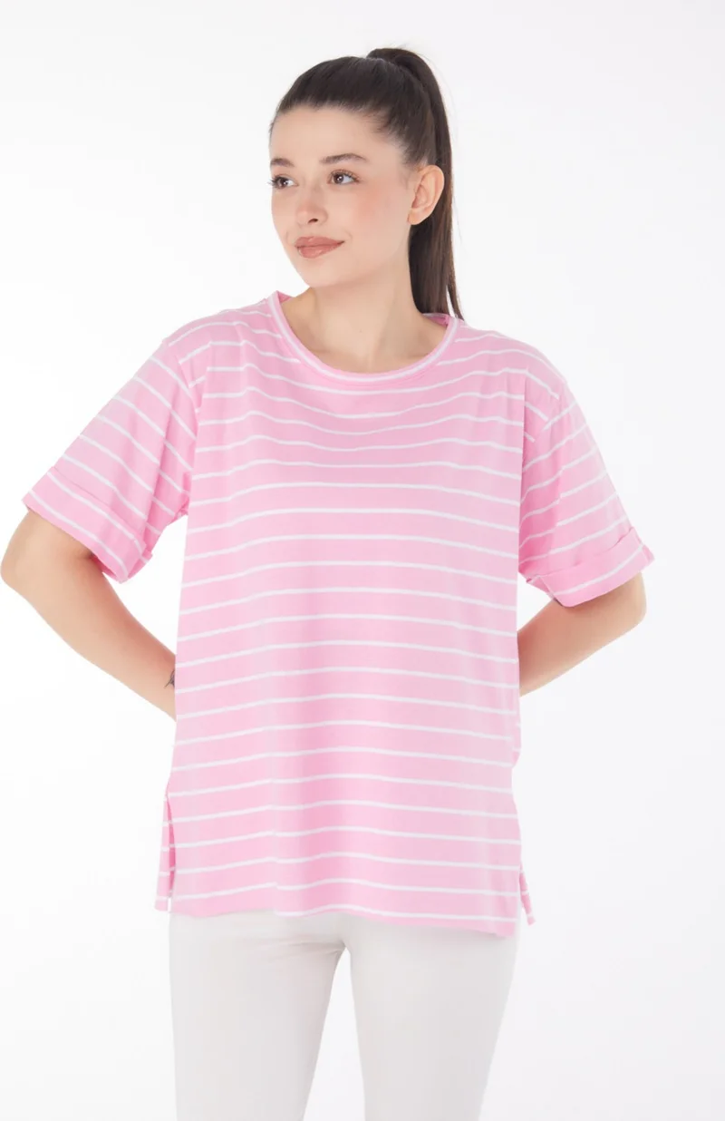Tofisa Plain Crew Neck Women's Pink Striped Short Sleeve T-Shirt - 25840
