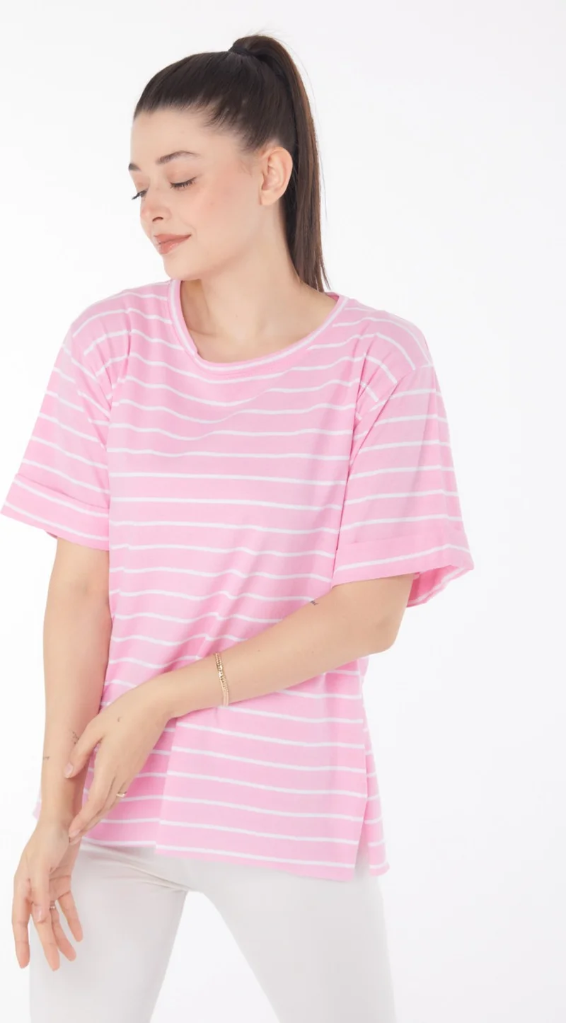 Tofisa Plain Crew Neck Women's Pink Striped Short Sleeve T-Shirt - 25840