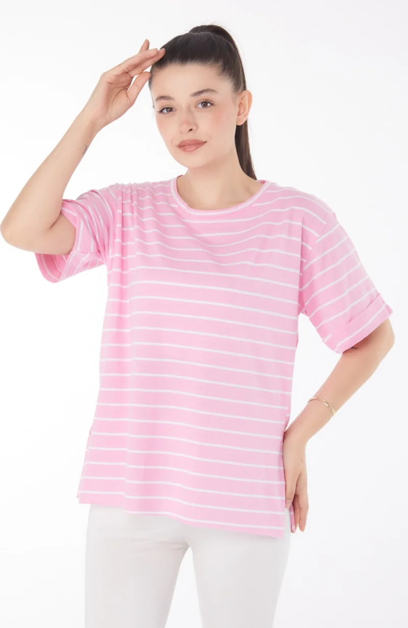 Tofisa Plain Crew Neck Women's Pink Striped Short Sleeve T-Shirt - 25840