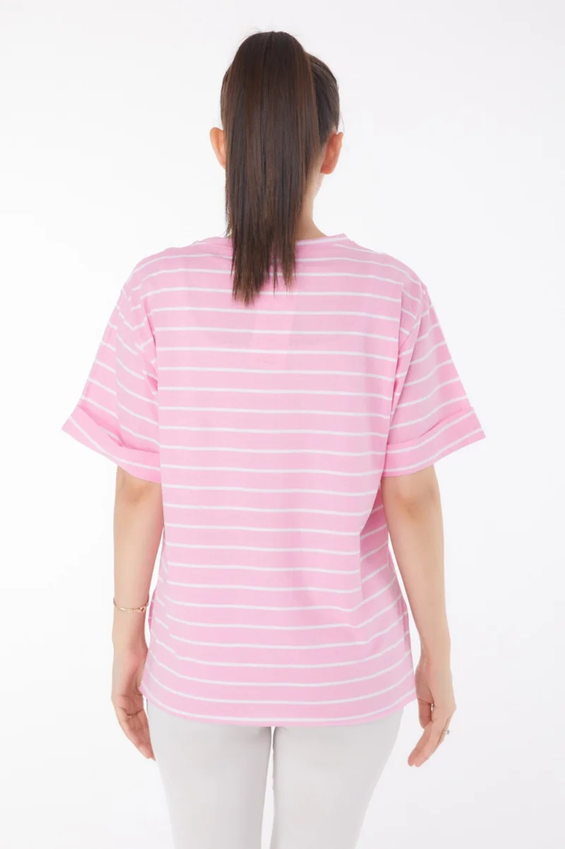 Tofisa Plain Crew Neck Women's Pink Striped Short Sleeve T-Shirt - 25840