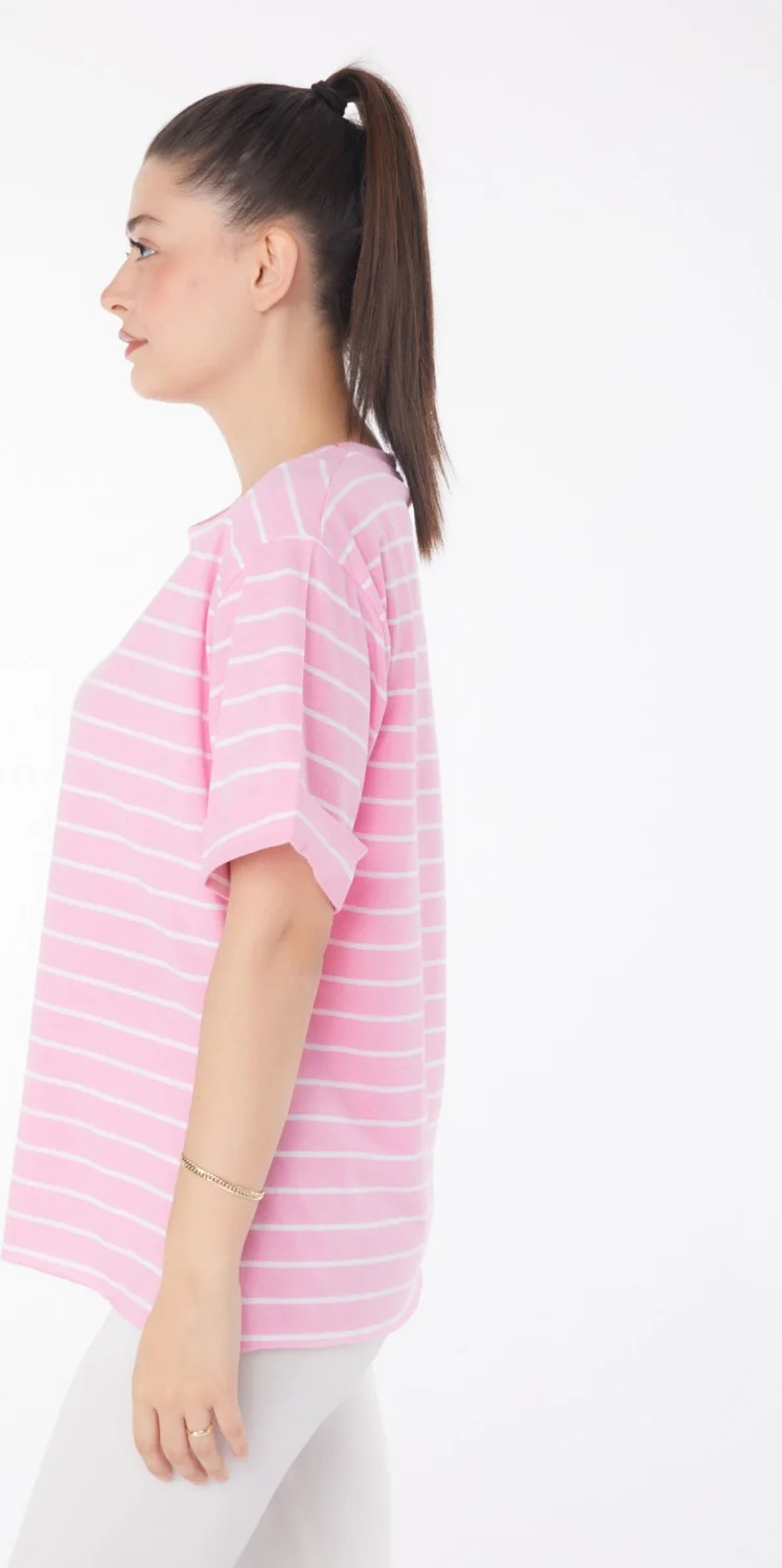 Tofisa Plain Crew Neck Women's Pink Striped Short Sleeve T-Shirt - 25840