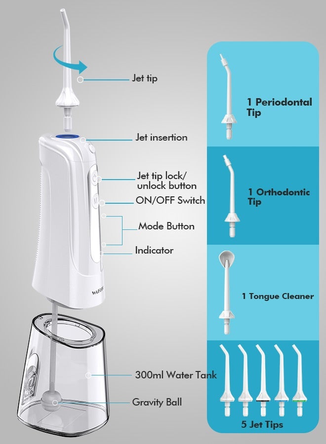 WAFLOO Cordless Water Dental Flosser for Teeth, with 8 Jet Tips, 300ML Tank Oral Irrigator Portable with 4 Modes IPX7 Waterproof Rechargeable Water Floss for Home Travel, Adults Teeth Cleaning (White) - Image 4