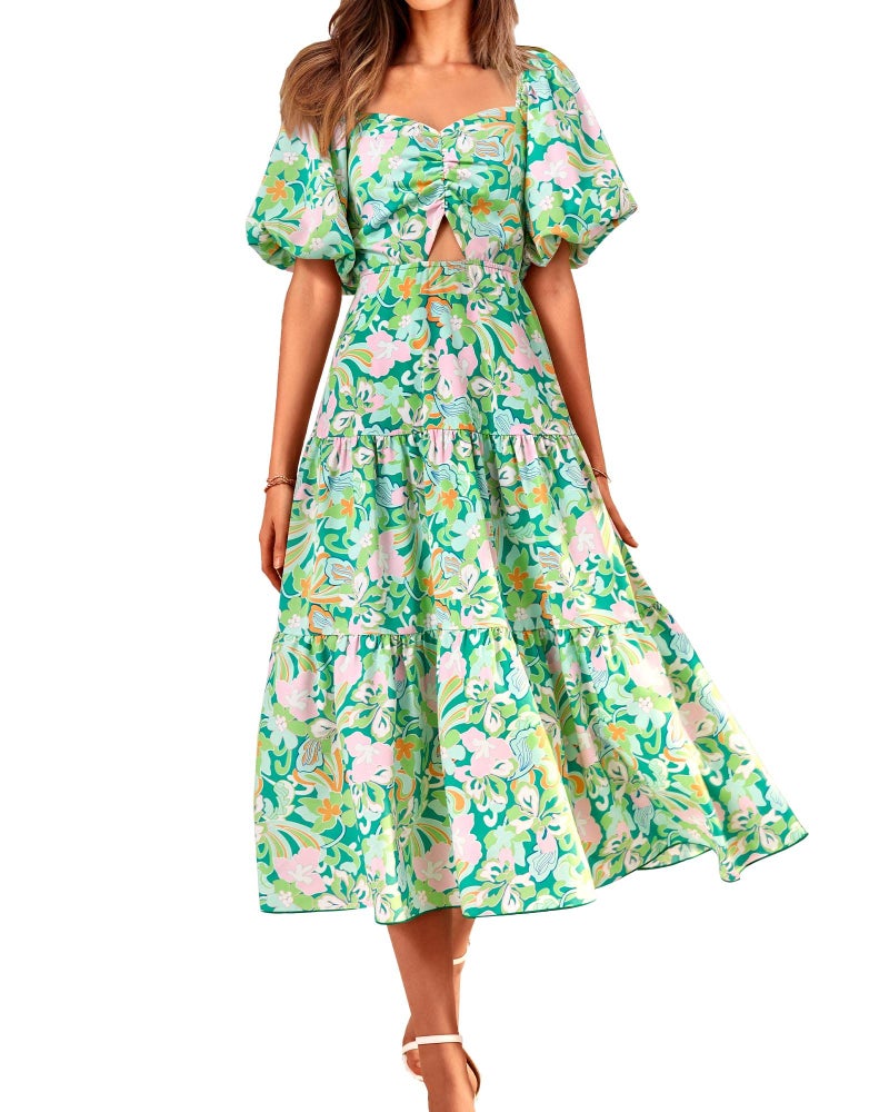 BTFBM Women Summer Dresses 2025 Casual Flowy Beach Square Neck Puff Short Sleeve Smocked Back Boho Floral Long Maxi Dress(Print Green, Small) - Image 1