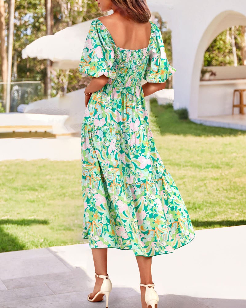 BTFBM Women Summer Dresses 2025 Casual Flowy Beach Square Neck Puff Short Sleeve Smocked Back Boho Floral Long Maxi Dress(Print Green, Small) - Image 4