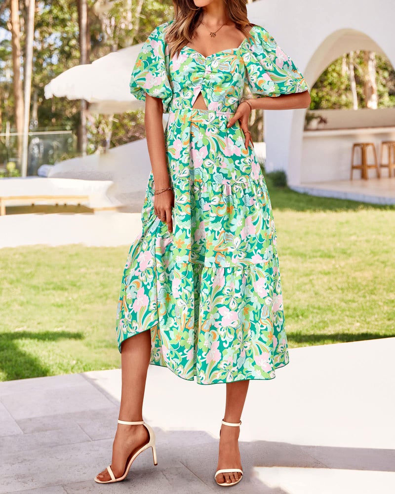 BTFBM Women Summer Dresses 2025 Casual Flowy Beach Square Neck Puff Short Sleeve Smocked Back Boho Floral Long Maxi Dress(Print Green, Small) - Image 3