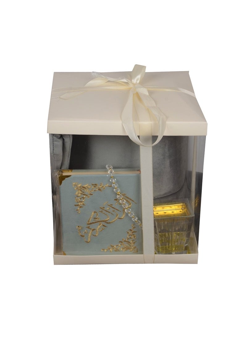 مجموعة هدايا رمضان طقم سجاده صلاه مكون من 5قطع سجاده مبطنه مع شرشف صلاه مع مبخرة مع سبحه مع مصحف مناسب للهديه