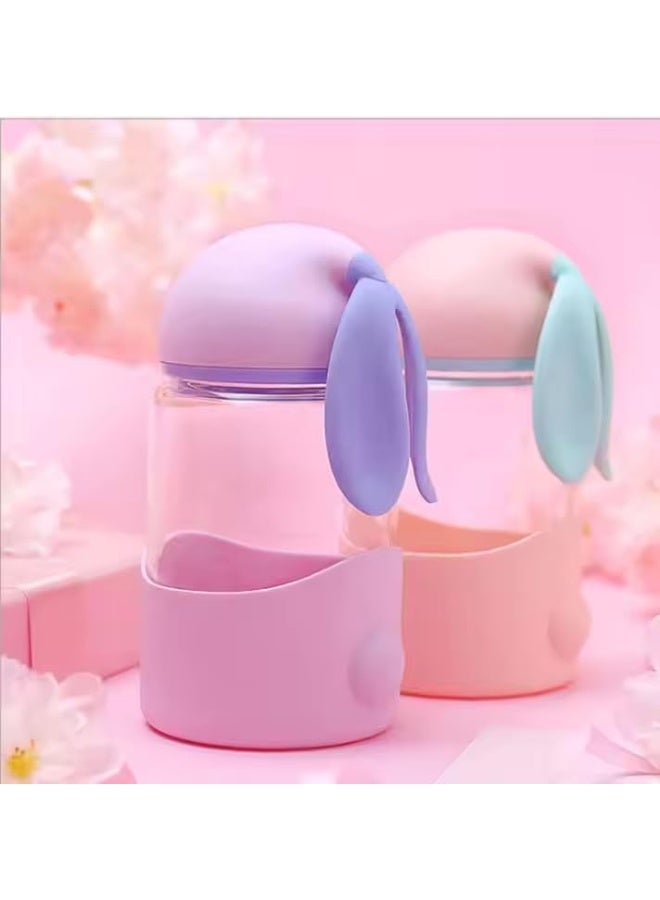 Spaceshoop Children’s Bunny Ear Glass Mug  Durable Transparent Cup with Silicone Base & Secure Lid  Safe Perfect for Water Juice Milk & Travel - Image 3