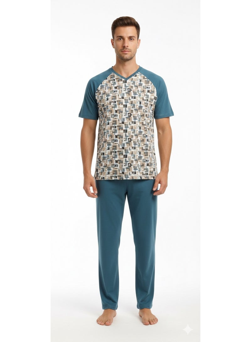 Jet Men Summer Pajama Set Printed Top & Printed Bottom