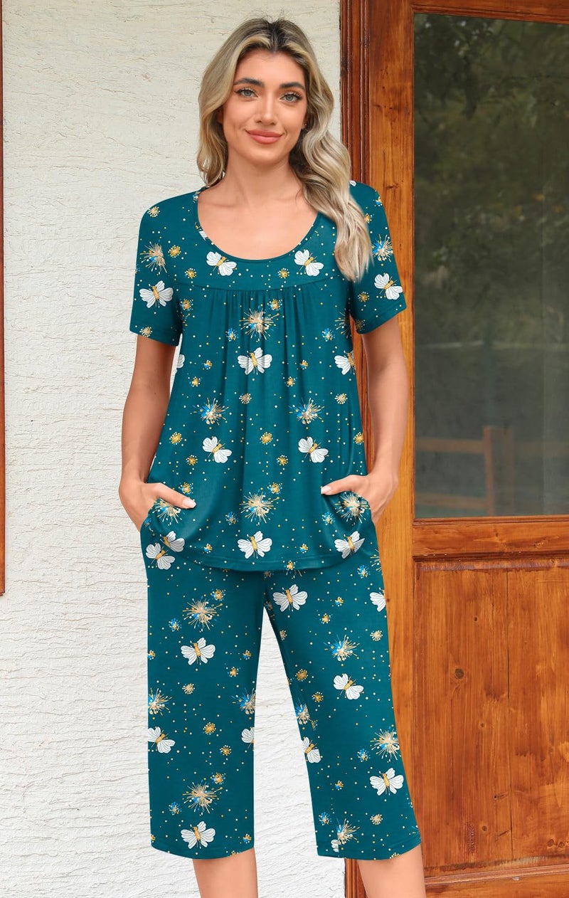POPYOUNG Womens Pajama Sets Summer Ladies Pjs 2 Piece Loungewear Capri with Pockets Sleepwear XL, Blue butterfly - Image 2