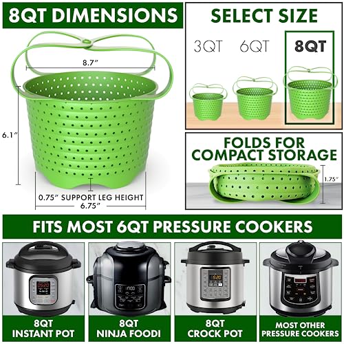 Avokado Silicone Steamer Basket for 8qt Instant Pot [3qt, 6qt avail], Other Pressure Cookers - 100% Food Safe, BPA-Free, Dishwasher Safe Collapsible Vegetable Steamer Basket & Strainer - Image 3