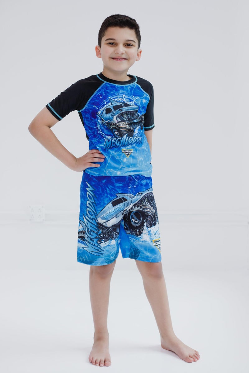 Monster Jam Megalodon Little Boys Rash Guard and Swim Trunks Outfit Set Blue 6 - Image 2