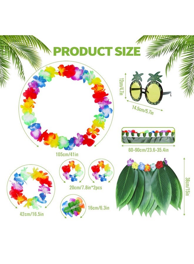 Fortuning's JDS Boys Girls Hawaiian Leaf Grass Skirt With Flowers Costume Set Hula Outfits For Luau Beach Party (7Pcs)  - Image 2