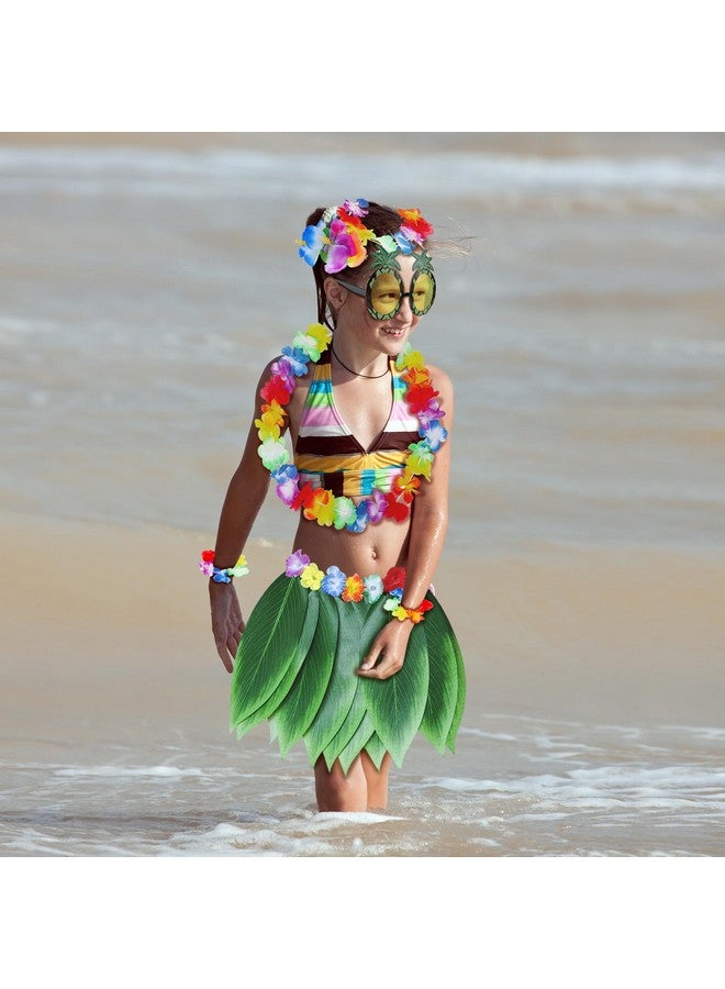 Fortuning's JDS Boys Girls Hawaiian Leaf Grass Skirt With Flowers Costume Set Hula Outfits For Luau Beach Party (7Pcs)  - Image 5