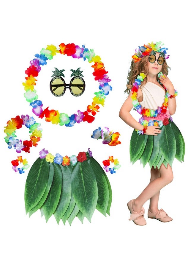 Fortuning's JDS Boys Girls Hawaiian Leaf Grass Skirt With Flowers Costume Set Hula Outfits For Luau Beach Party (7Pcs)  - Image 1