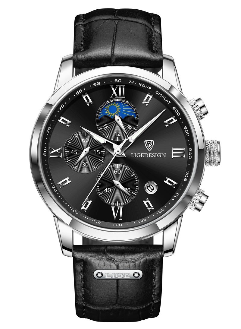LIGEDESIGN Water Resistant Watches Men's Chronograph Quartz Watch for Men Business with Luxury Leather Band Black  - Image 1