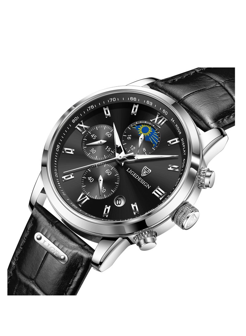 LIGEDESIGN Water Resistant Watches Men's Chronograph Quartz Watch for Men Business with Luxury Leather Band Black  - Image 2