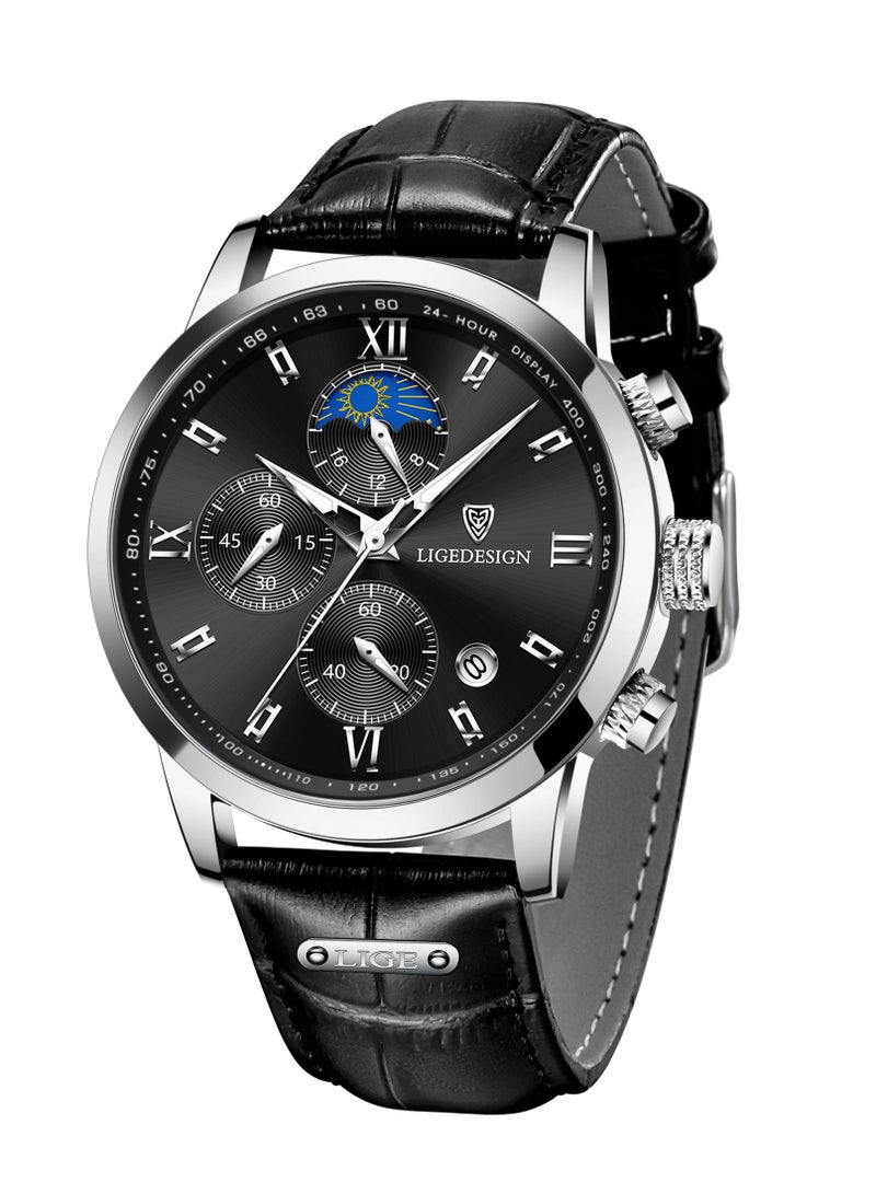 LIGEDESIGN Water Resistant Watches Men's Chronograph Quartz Watch for Men Business with Luxury Leather Band Black  - Image 3