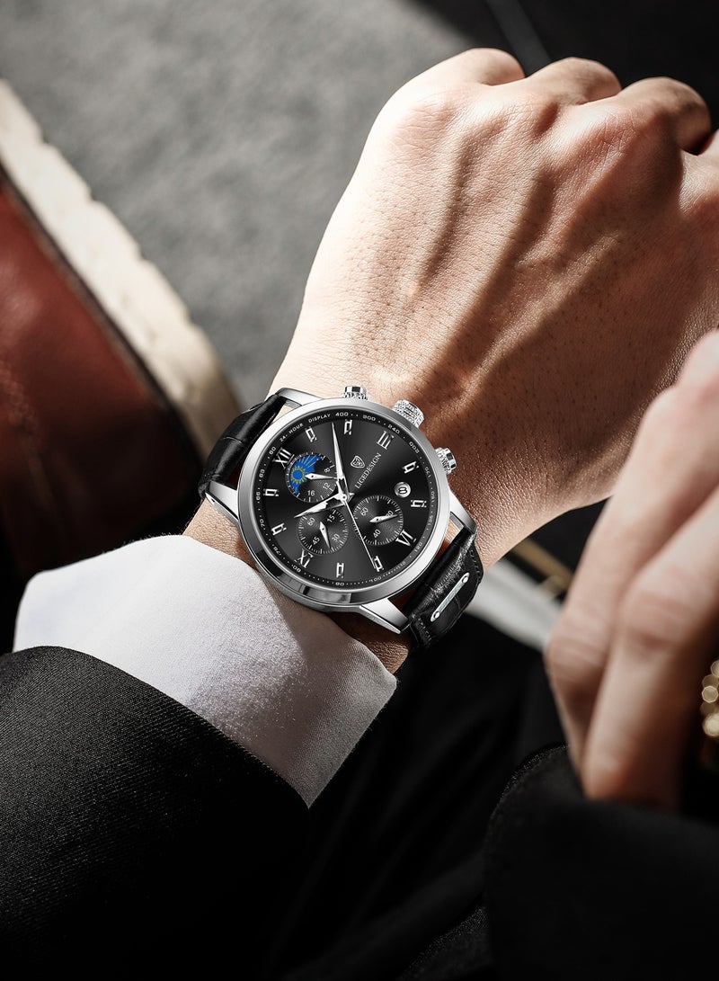 LIGEDESIGN Water Resistant Watches Men's Chronograph Quartz Watch for Men Business with Luxury Leather Band Black  - Image 4