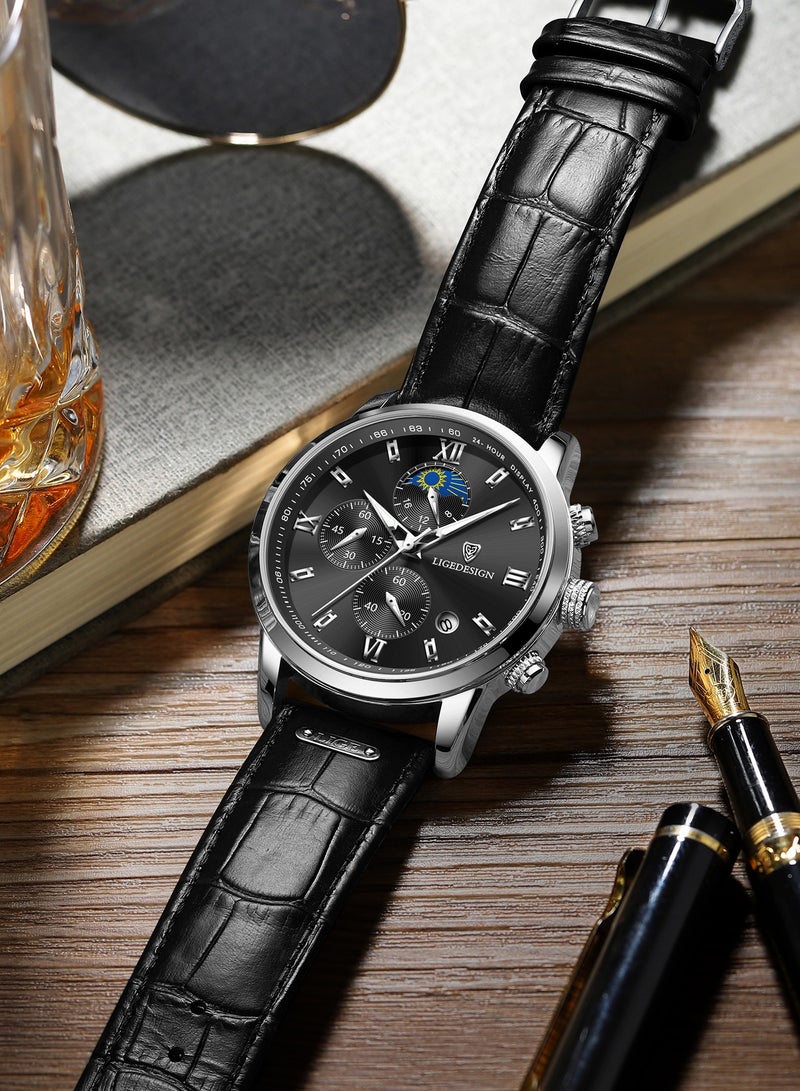 LIGEDESIGN Water Resistant Watches Men's Chronograph Quartz Watch for Men Business with Luxury Leather Band Black  - Image 5