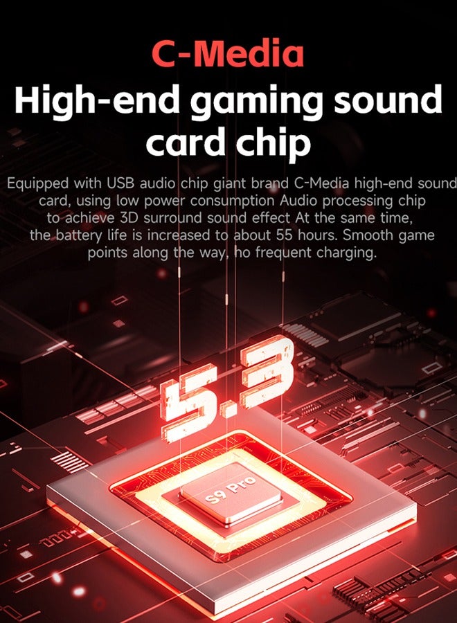 مكشوزي سماعه قيمنق S9 Pro، لاسلكية وسلكية 2.4 جيجاهرتز/بلوتوث، مشغلات 50 مم، صوت محيطي 7.1، زمن انتقال منخفض للغاية 15 مللي ثانية، بطارية 55 ساعة، ميكروفون قابل للفصل بتقنية إلغاء الضوضاء بالذكاء الاصطناعي، وسادات أذن موصلة للجليد، أوضاع موسيقى/ألعاب، MC-S9-4 - Image 4