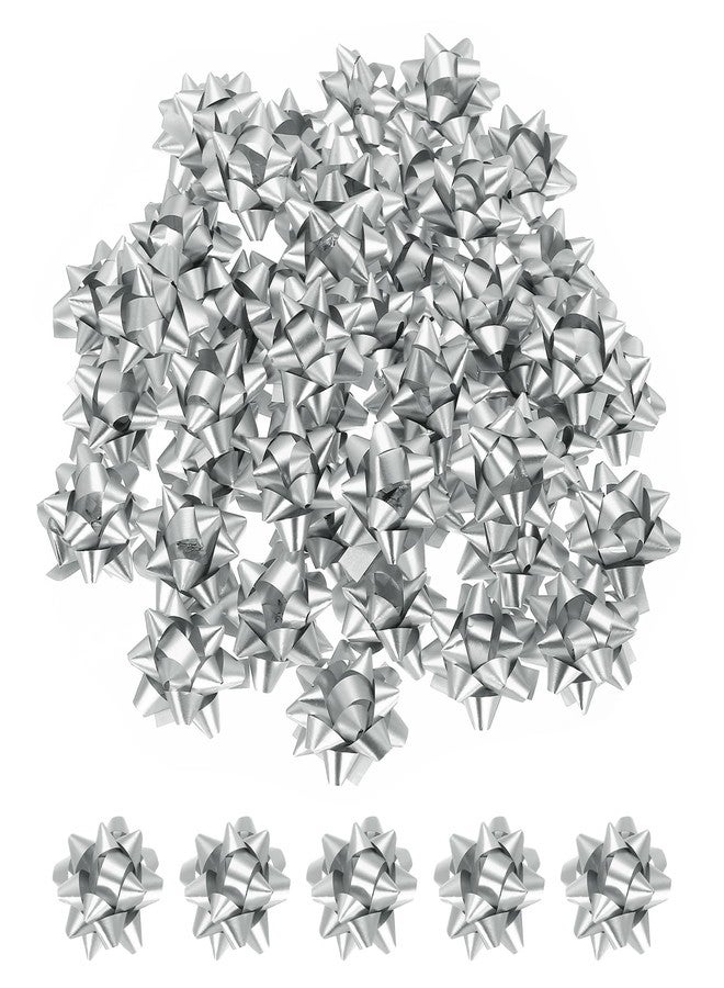 PATIKIL 1.5" Mini Star Gift Bows, 100Pcs Small Christmas Metallic Gift Wrapping Self-Adhesive Bows for Holiday Weddings Birthday Party, Matte Silver - Image 1