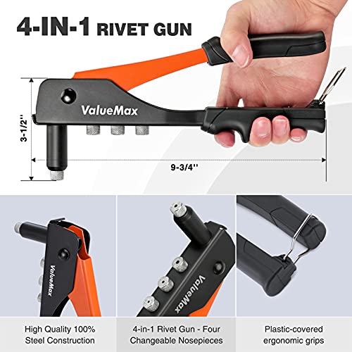 ValueMax 4-in-1 Hand Riveter/Rivet Gun, Pop Rivet Tool Kit with 200 Rivets - 3/32-inch, 1/8-inch, 5/32-inch, 3/16-inch, 4 Interchangeable Nosepieces, Suitable for Metal - Image 4
